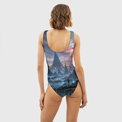 Женский купальник-боди Фантастический мир с медузами и озеро у гор / 3D-принт – фото 4