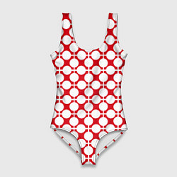 Купальник-боди 3D женский Красно белый узор в клетку и горох, цвет: 3D-принт