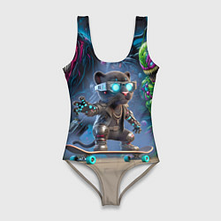 Женский купальник-боди Пантерёнок крутой скейтбордист на фоне граффити