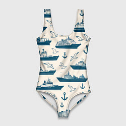 Купальник-боди 3D женский Морской паттерн из чаек, якорей и кораблей, цвет: 3D-принт