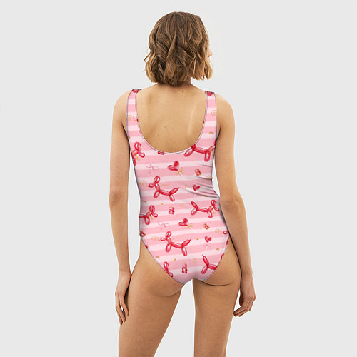 Женский купальник-боди Красные шарики-собачки на розовых полосках / 3D-принт – фото 4
