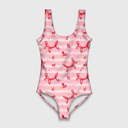 Купальник-боди 3D женский Красные шарики-собачки на розовых полосках, цвет: 3D-принт