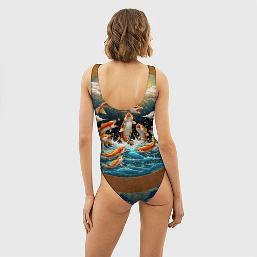 Женский купальник-боди Большие золотистые рыбы выпрыгивают из воды / 3D-принт – фото 4