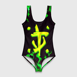 Купальник-боди 3D женский Doom зелёный огонь, цвет: 3D-принт