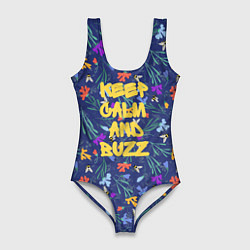 Купальник-боди 3D женский Keep calm and buzz - пчелы и цветы, цвет: 3D-принт