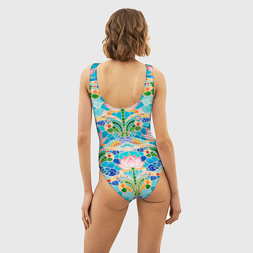 Женский купальник-боди Белый лотос декоративный и волны / 3D-принт – фото 4