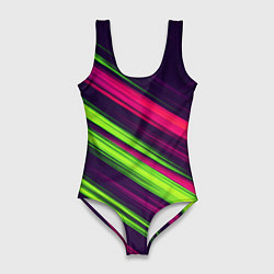 Купальник-боди 3D женский Фиолетово-зеленые линии, цвет: 3D-принт