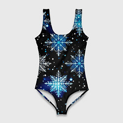 Купальник-боди 3D женский Стилизованный чёрно-синий со снежинками, цвет: 3D-принт