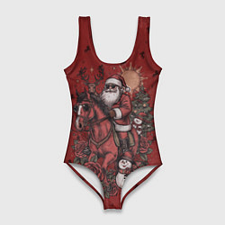 Купальник-боди 3D женский Санта Клаус на красном коне верхом, цвет: 3D-принт