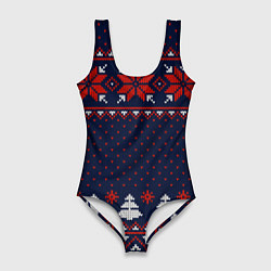 Купальник-боди 3D женский Новогодний вязаный узор, цвет: 3D-принт