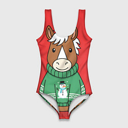 Женский купальник-боди Новогодняя лошадка в зеленом свитере