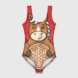 Женский купальник-боди Новогодняя лошадка с печенькой