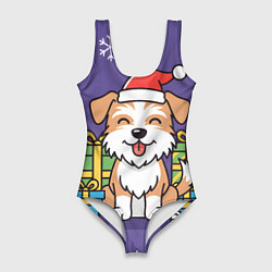 Купальник-боди 3D женский Новогодняя собачка с подарками, цвет: 3D-принт