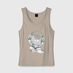 Майка женская хлопок Котенок меломан, цвет: миндальный