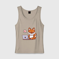 Майка женская хлопок Cute fox and laptop, цвет: миндальный