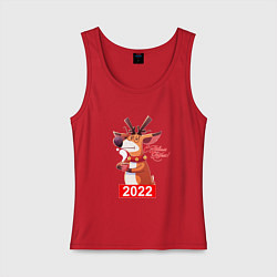 Майка женская хлопок Недовольный олень с чашечкой кофе, новый год 2022, цвет: красный