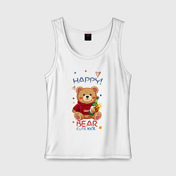 Майка женская хлопок СЧАСТЛИВЫЙ МИШКА HAPPY BEAR CUTE 100%, цвет: белый