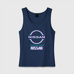 Майка женская хлопок Значок Nissan в стиле glitch, цвет: тёмно-синий