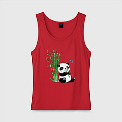 Майка женская хлопок Панда бамбук и стрекоза, цвет: красный