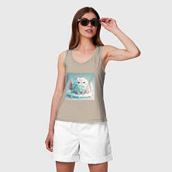 Майка женская хлопок Толстый снежный котик пастельные цвета, цвет: миндальный — фото 2