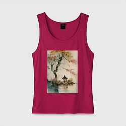 Майка женская хлопок Японский пейзаж акварель - нейросеть, цвет: маджента