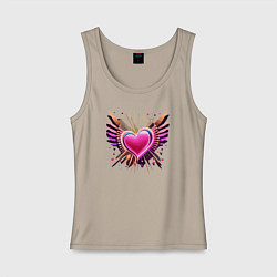 Майка женская хлопок Светящее сердце с крыльями, цвет: миндальный