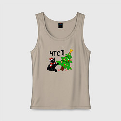 Майка женская хлопок Новогодний котик роняет ёлку, цвет: миндальный