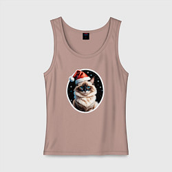 Майка женская хлопок Кот породы Рэгдолл в новогодней шапке, цвет: пыльно-розовый