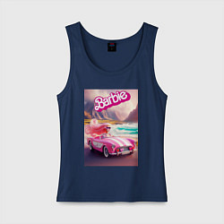 Майка женская хлопок Барби в кабриолете на горной дороге, цвет: тёмно-синий