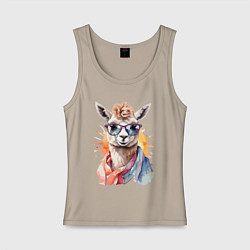 Майка женская хлопок Лама в очках цвет, цвет: миндальный