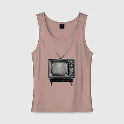 Майка женская хлопок Старый телевизор черно-белый шум и череп, цвет: пыльно-розовый