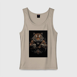 Майка женская хлопок Боевой тигр Муай Тай, цвет: миндальный