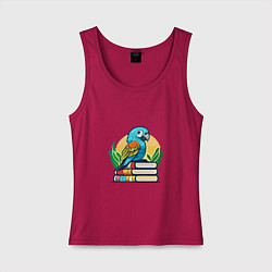 Майка женская хлопок Попугай на стопке книг, цвет: маджента