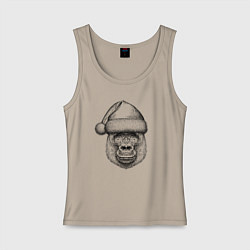 Майка женская хлопок Новогодняя горилла в шапке, цвет: миндальный