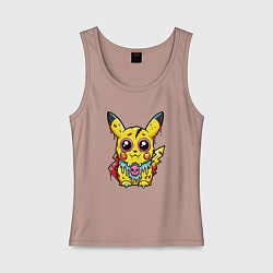 Майка женская хлопок Пикачу треснутый зомби, цвет: пыльно-розовый