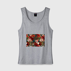 Майка женская хлопок Яркие алые цветы, цвет: меланж