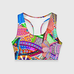 Женский спортивный топ Разноцветные яркие рыбки на абстрактном цветном фо