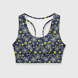 Топик спортивный женский Лимонного цвета цветы на серо-синем фоне, цвет: 3D-принт