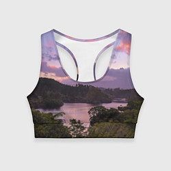 Топик спортивный женский Пейзаж вечерней реки и леса, цвет: 3D-принт