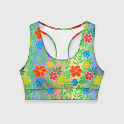 Топик спортивный женский Яркий цветочный узор на радужном фоне, цвет: 3D-принт