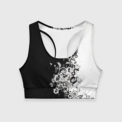 Топик спортивный женский Черно-белые цветы и колибри, цвет: 3D-принт