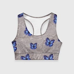 Топик спортивный женский Газетные обрывки и синие бабочки, цвет: 3D-принт