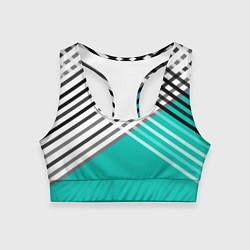 Топик спортивный женский Черно-белые переплетенные полосы на бирюзовом фоне, цвет: 3D-принт