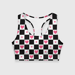 Женский спортивный топ Розовые сердечки на фоне шахматной черно-белой дос