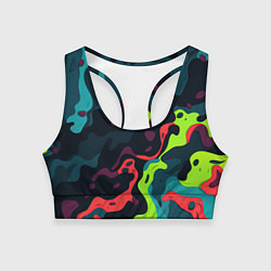 Топик спортивный женский Яркий кислотный абстрактный камуфляж, цвет: 3D-принт