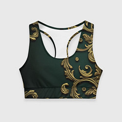 Топик спортивный женский Лепнина золотые узоры на зеленой ткани, цвет: 3D-принт