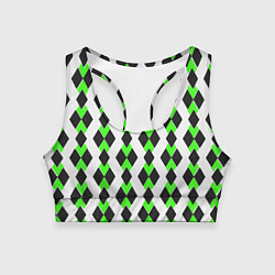 Топик спортивный женский Чёрные и зелёные ромбы на белом фоне, цвет: 3D-принт