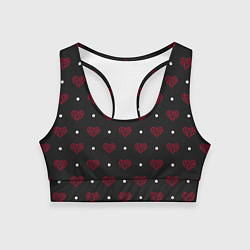 Женский спортивный топ Красные сердечки и белые точки на черном