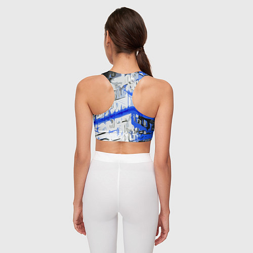 Женский спортивный топ Сине-белая абстракция на чёрном фоне / 3D-принт – фото 4