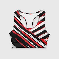 Женский спортивный топ Красно-белые диагональные полосы на чёрном фоне
